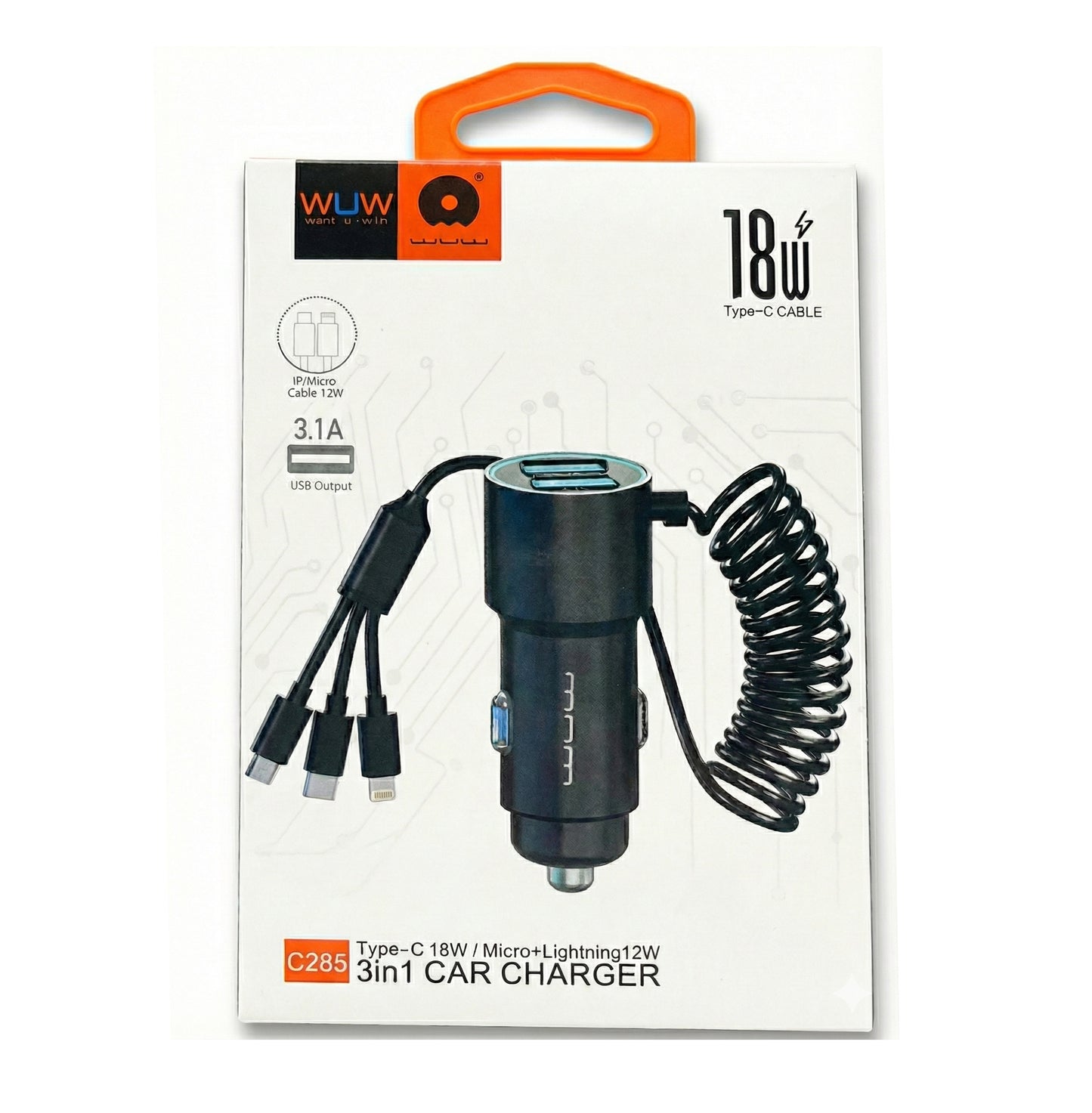 Cargador para carro C285 con Cable 3 en 1 Elastico