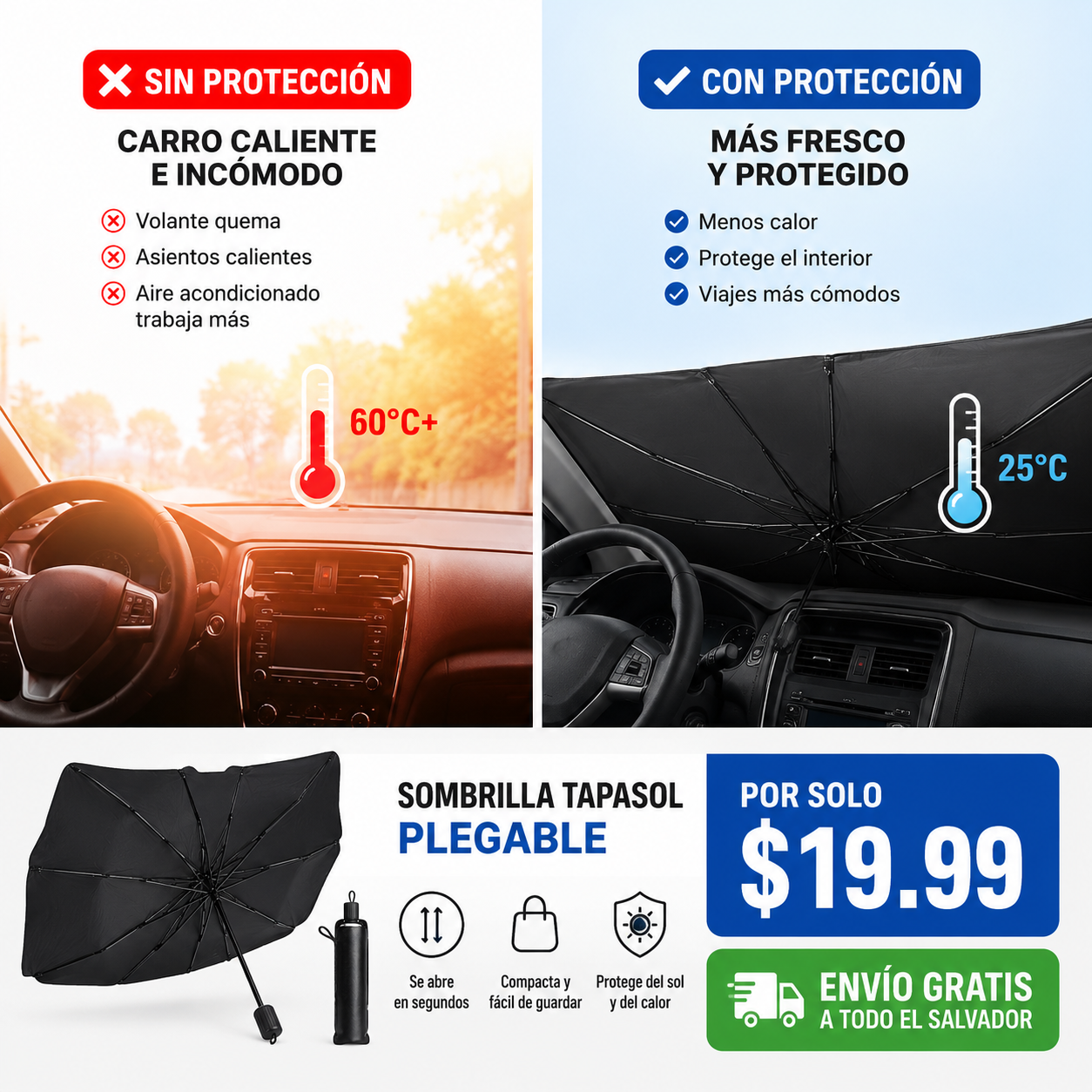 Sombrilla Tapasol AutoShield™ – Protección Solar Plegable para Carro