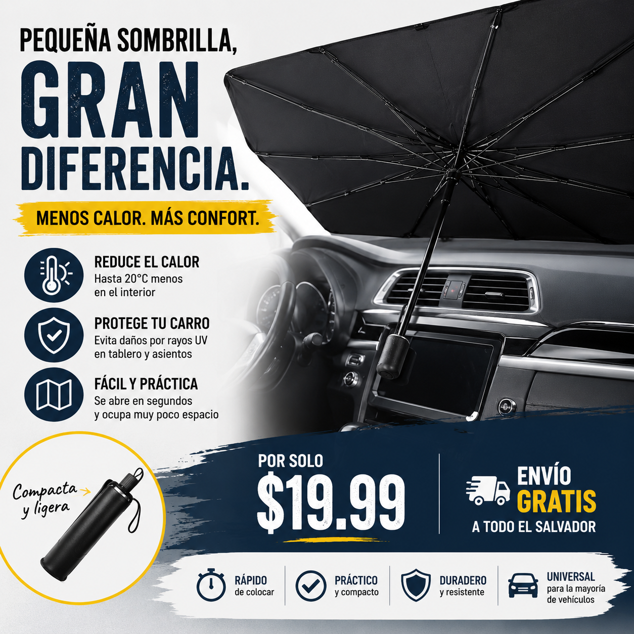 Sombrilla Tapasol AutoShield™ – Protección Solar Plegable para Carro